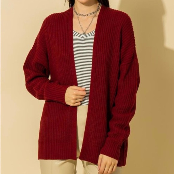 NEW TRENDY BURGUNDY OPEN FRONT CARDIGAN KNIT SWEATER - Picture 1 of 5